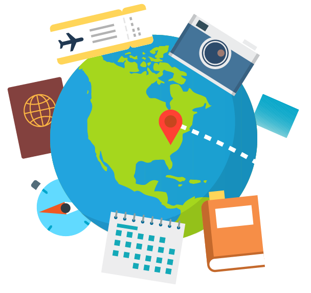 Graphic with a globe, passport, airline ticket, camera, calendar, and book.