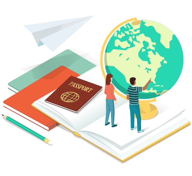 Two people stand on books as they explore a globe