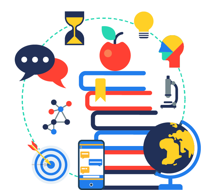 subject icons, globe and books